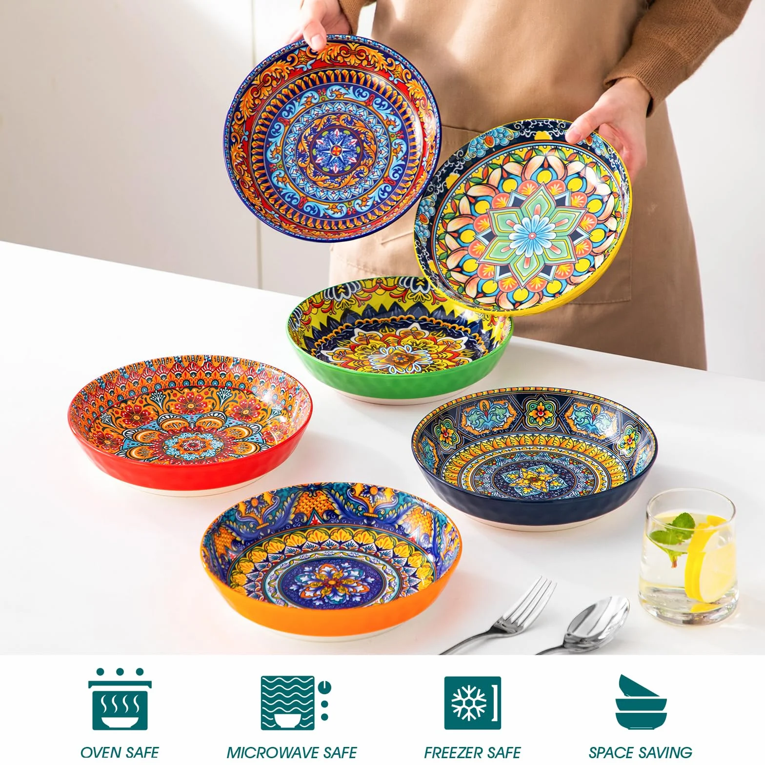 vancasso Suppenteller 6er Set, Pastateller KRVI Tiefe Teller Set, Pasta Teller Tief Groß, Buntes Tiefteller Set Ø 21cm, 960ml Suppenschüssel für Suppe, Müsli, Pasta, Salat, Spülmaschine Mikrowellen