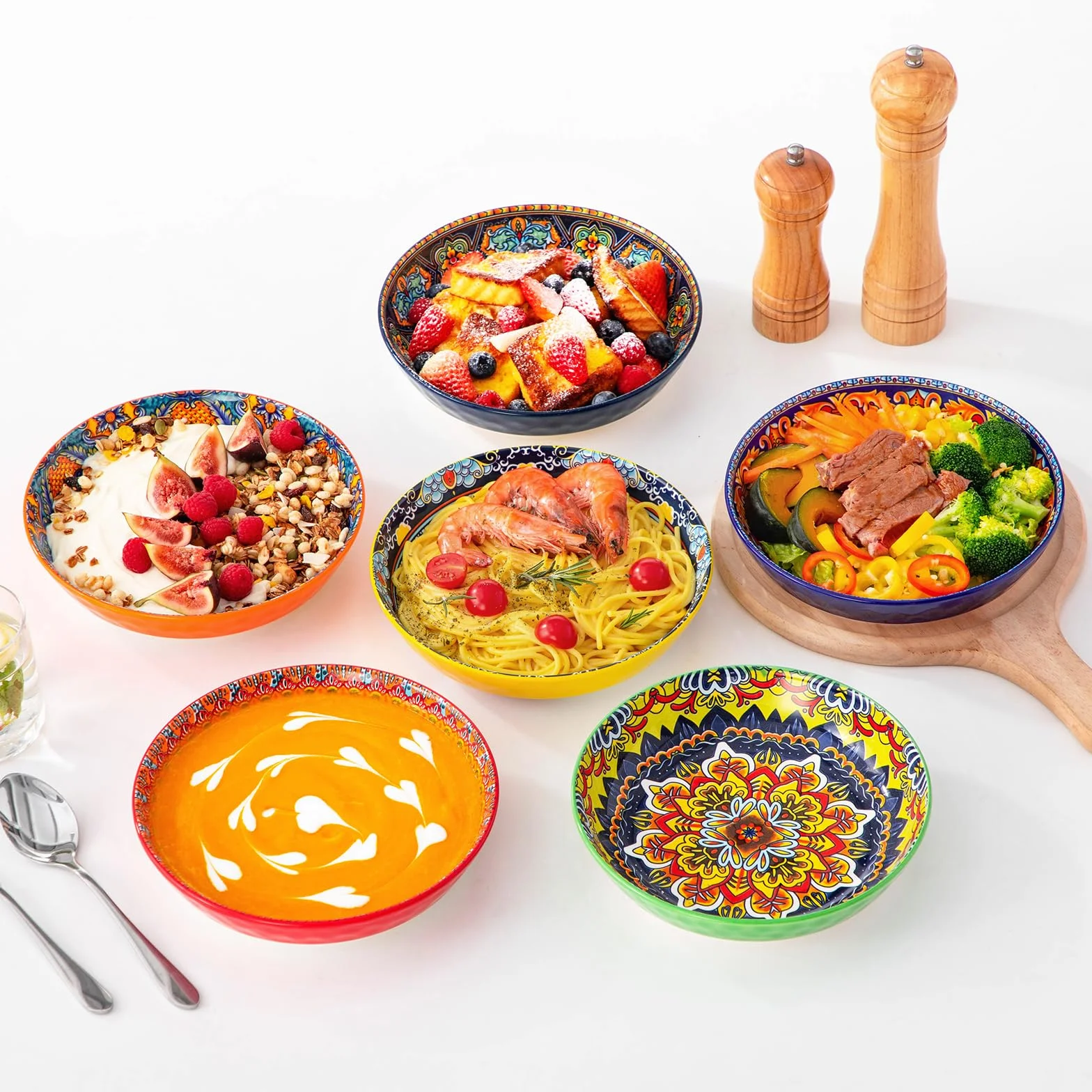 vancasso Suppenteller 6er Set, Pastateller KRVI Tiefe Teller Set, Pasta Teller Tief Groß, Buntes Tiefteller Set Ø 21cm, 960ml Suppenschüssel für Suppe, Müsli, Pasta, Salat, Spülmaschine Mikrowellen