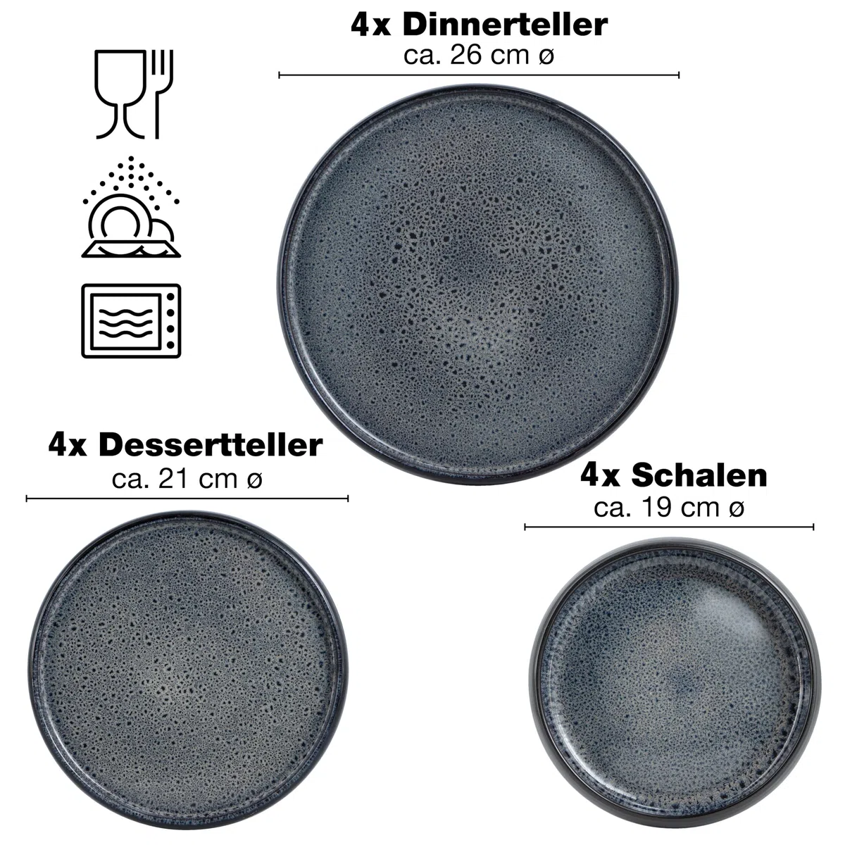 Moritz & Moritz SOLID Steinzeug Geschirrset 4 Personen, 12-tlg. Geschirr Set in Anthrazit, Schüssel- und Teller Set aus besonders robustem Steinzeug, Kombiservice Tafelservice 4 Personen