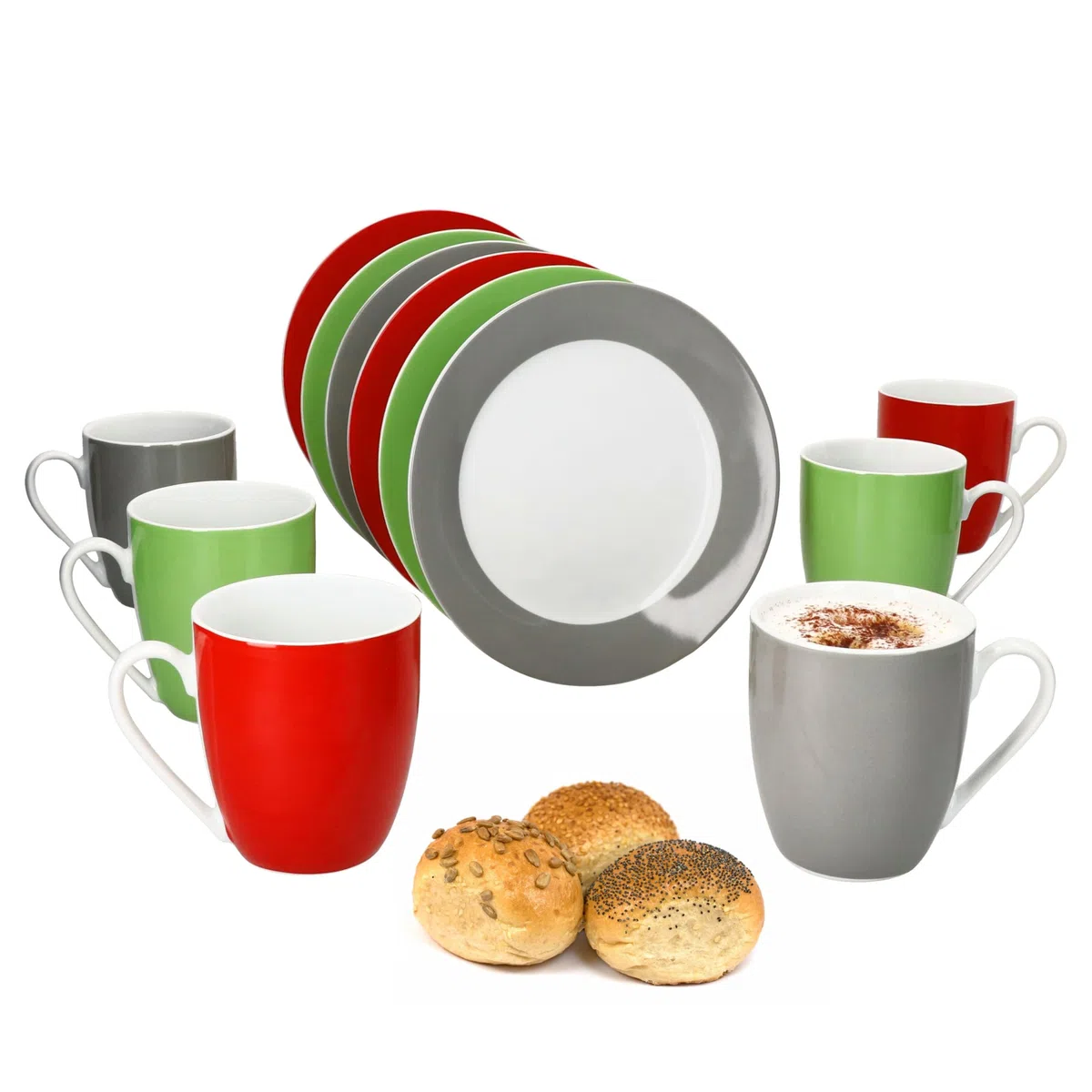 MamboCat Variant Trio 12tlg Frühstücksset I Je 6x kleine Teller & Kaffeebecher 350ml, Höhe 10,3cm für 6 Personen I Tasse, Kuchenteller I Porzellan-Geschirr für Frühstücks- & Kaffeezeit