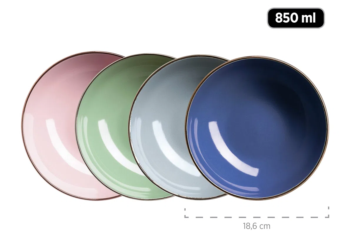 MÄSER 931870 Metallic Rim, Modernes Geschirr Set für 4 Personen mit messingfarbenem Rand, 16-teiliges Kombiservice mit randlosen Coupe-Formen, bunt, Steinzeug, pastell'n'blue