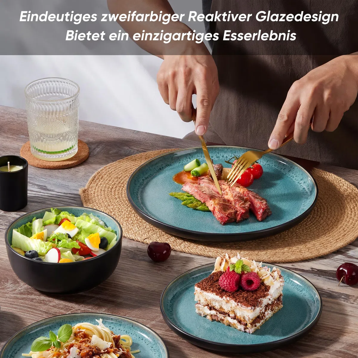 HaWare Geschirrset 6 Personen, 18-tlg Steingut Teller Set Reaktive Glasur Tafelservice, Mikrowellen- und Spülmaschinenfest, Türkis