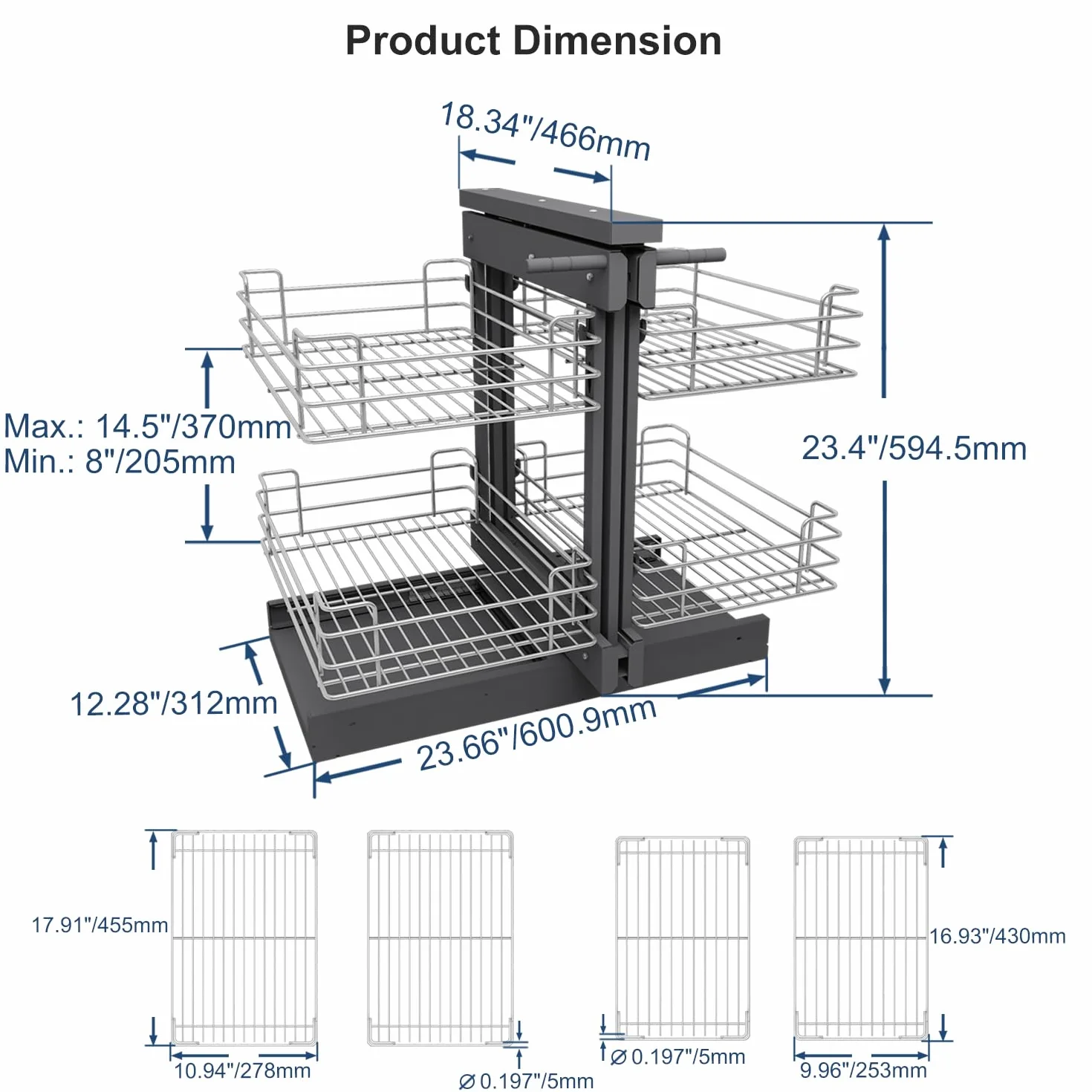 VADANIA Ausziehbarer Küchenschrank Organizer für Blinde Ecken, 800 mm, 2-stöckiger Korb Aufbewahrung, Softclose, Bodenmontage, Links- und Rechtsöffnung kompatibel