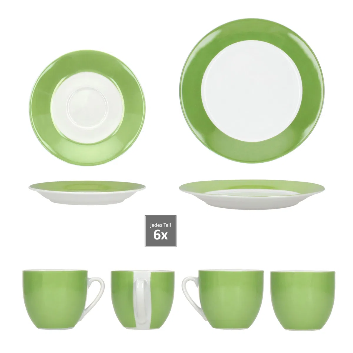 MamboCat Variant Grün 18tlg Kaffeeservice I farbige Porzellan-Kaffeeset für 6 Personen I Je 6X Kaffeetassen 200ml, Untertassen & Kuchenteller I buntes Geschirr für Frühstück & Kaffee