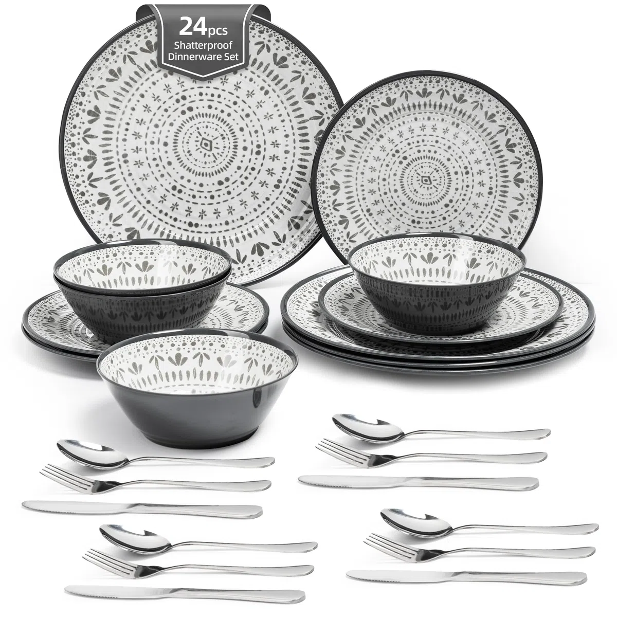 24PCS Melamin Geschirrset Campinggeschirr für 4 Personen, Teller Set & Tafelservice mit Besteck - für Unterwegs & Outdoor